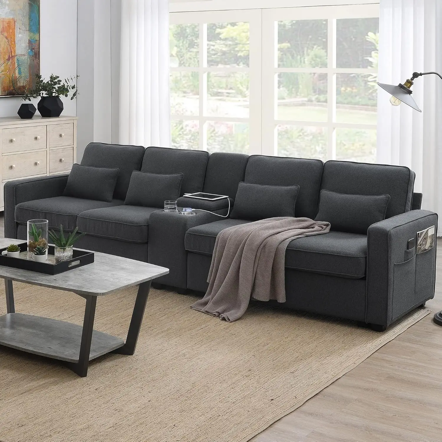 

Sectional Sofa with Console, 2 Cup Holders and 2 USB Ports & Wirelessly Charged, Modern Linen Fabric 4-Seat Couch with 4 Pillows