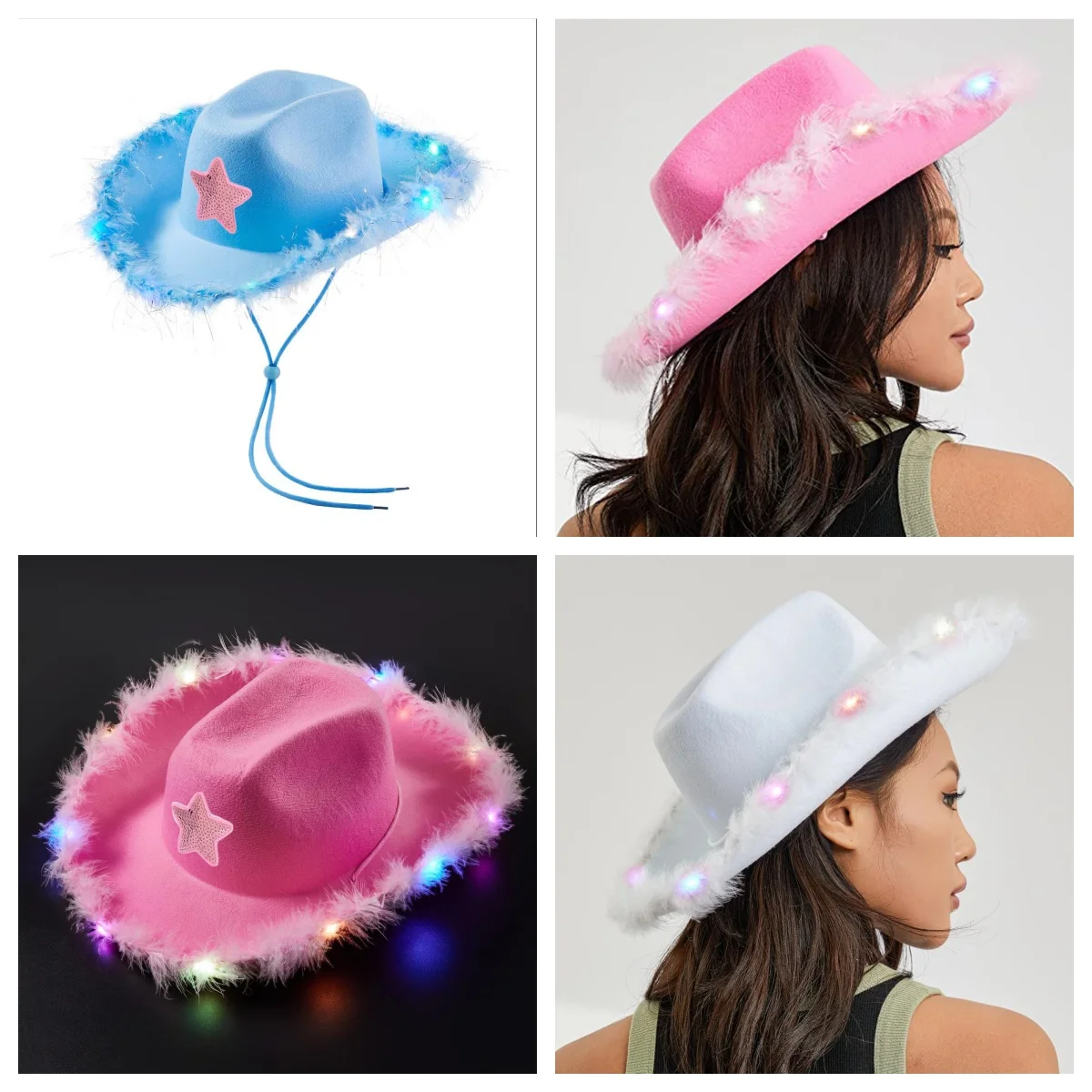 Light Up Cowgirl Hat  Feather Edge Costume Hat Five Pointed Star Hat Comfortable For Concerts Festivals Birthday Parties
