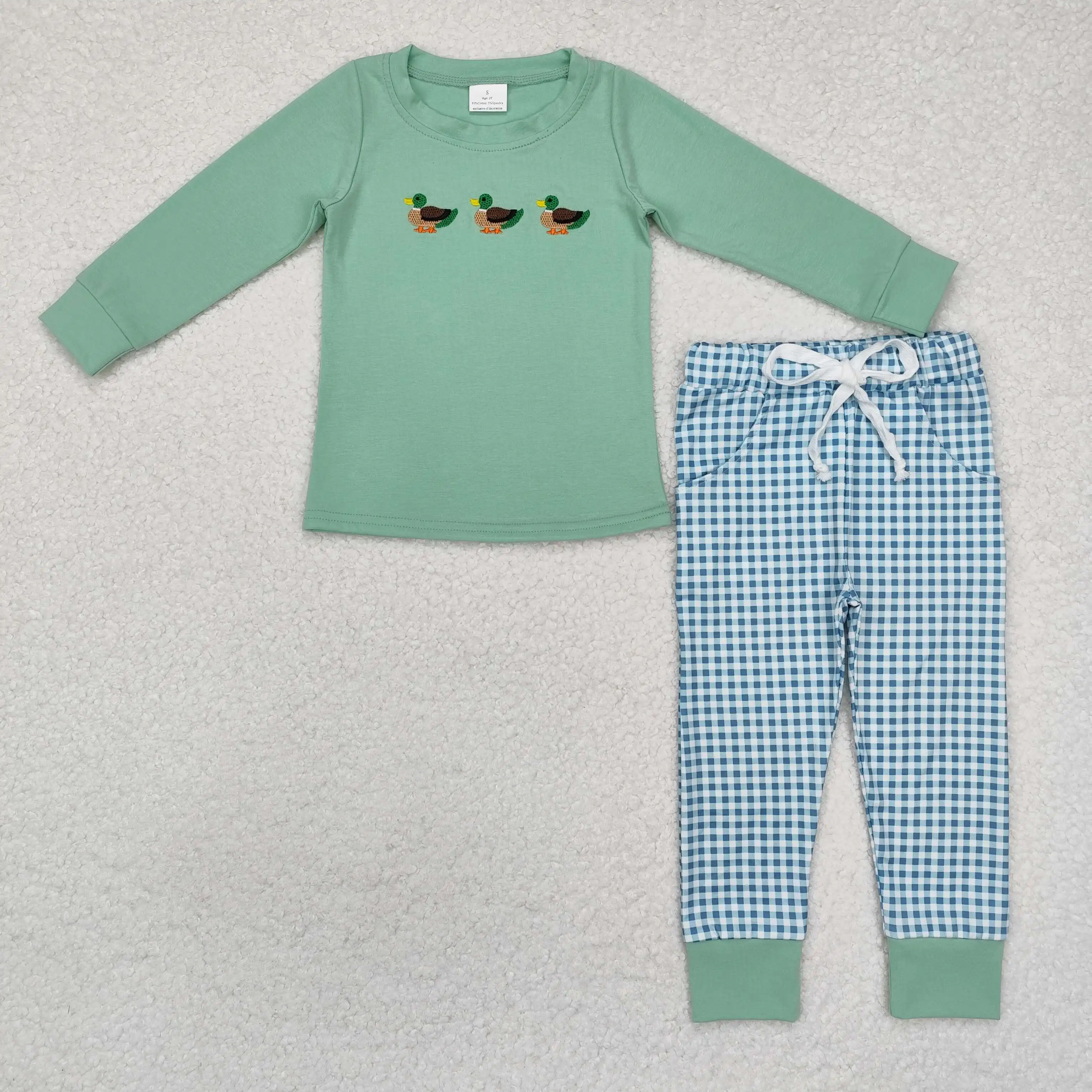 New rts infant boys fall set wholesale fine embroidery duck green boys set