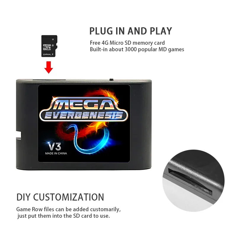 EVERGENESIS Mega Drive V3 Pro 3000 in 1 EDMD Remix MD Game Card for SEGA US/JP/EU 16-bit Video Game Console MD Flash card