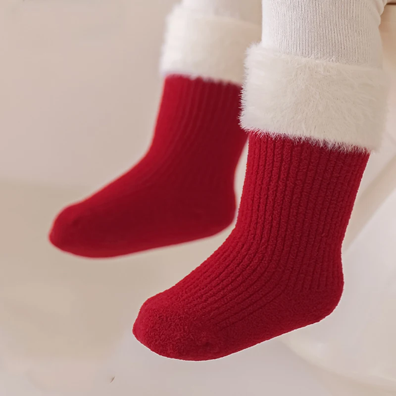 2025 New Year Baby Winter Thicken Socks Kids Cute Stripe Color Matching Warm Floor Socks Children Girls Fleece Padded Socks