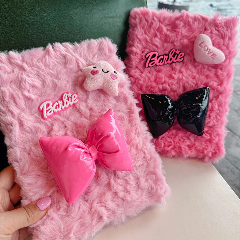 

New Barbie Pink Plush Notebook Cartoon Cute Bow Sweet Student Sketchbook Diary Jouranl Notepad Hand Account Book Stationery Gift