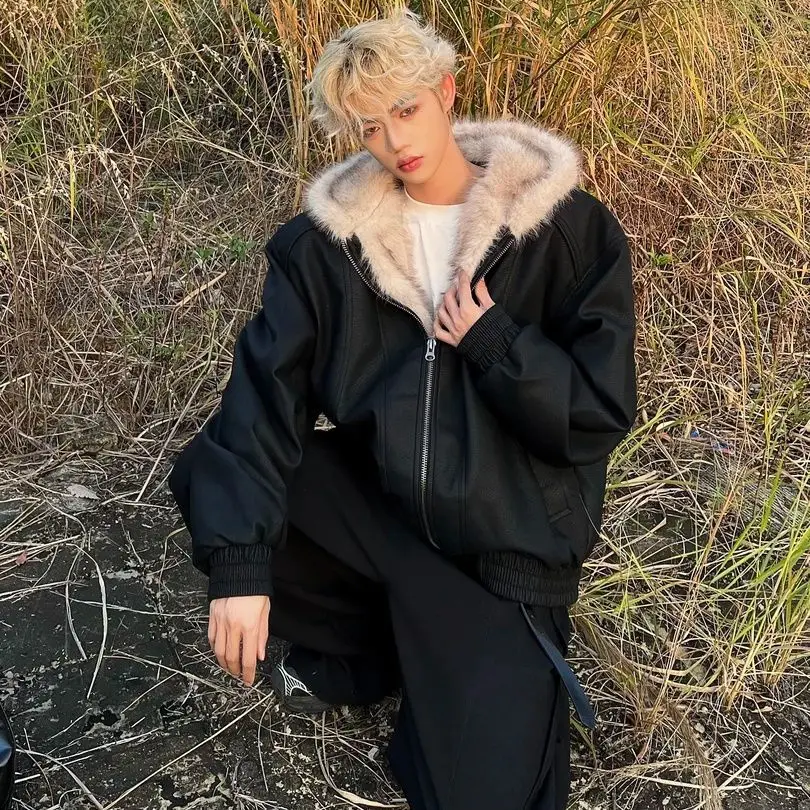 الشتاء 2000s الجمالية فو الفراء طوق سترات الرجعية الرجال Y2k زمم مقنعين ثقافة فرعية Harajuku خمر معاطف بلوزات #5