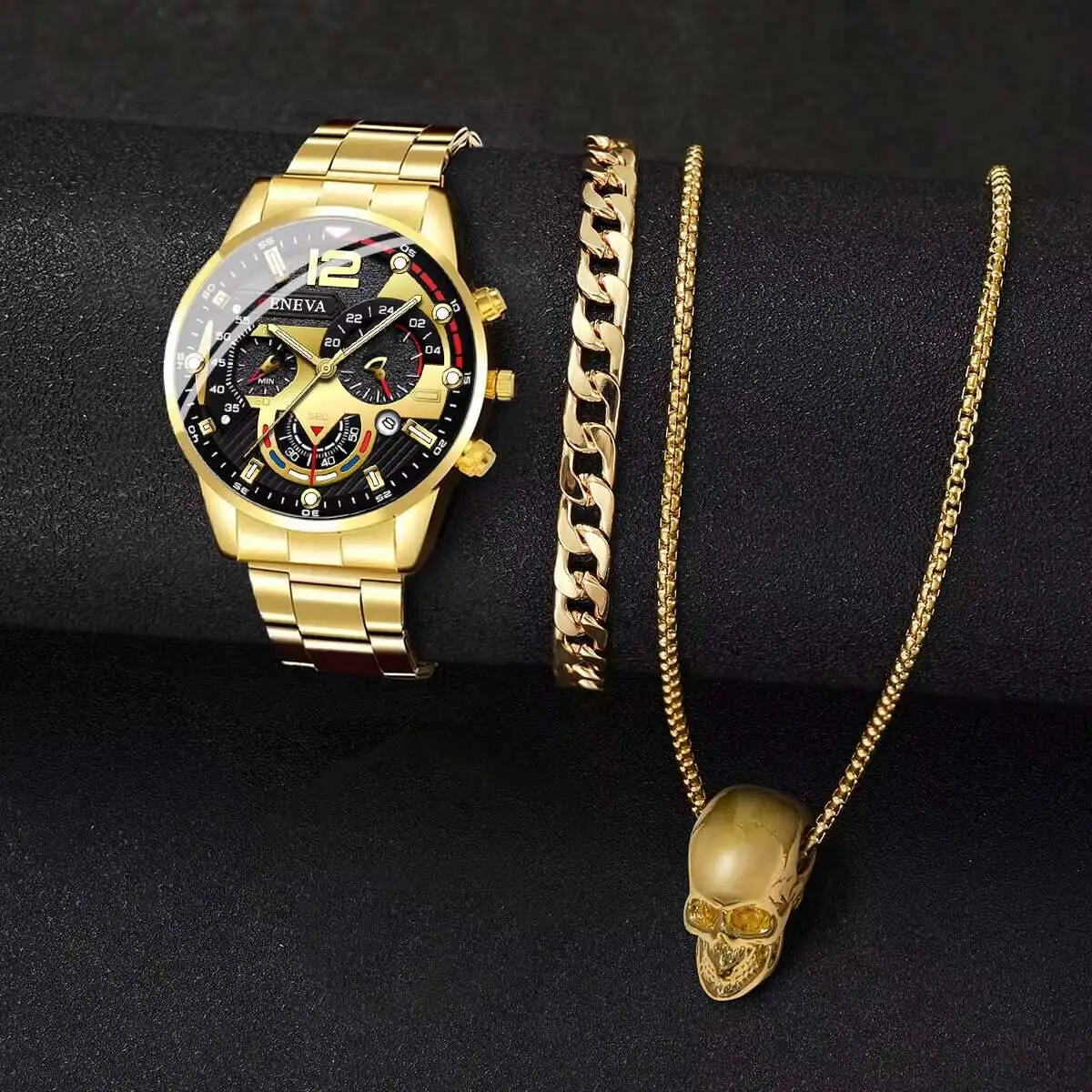 3PCS/Set Luxury Men Business Watches Fashion Male's Calendar Quartz Watch Jewelry Set Reloj Hombre（Without Box）