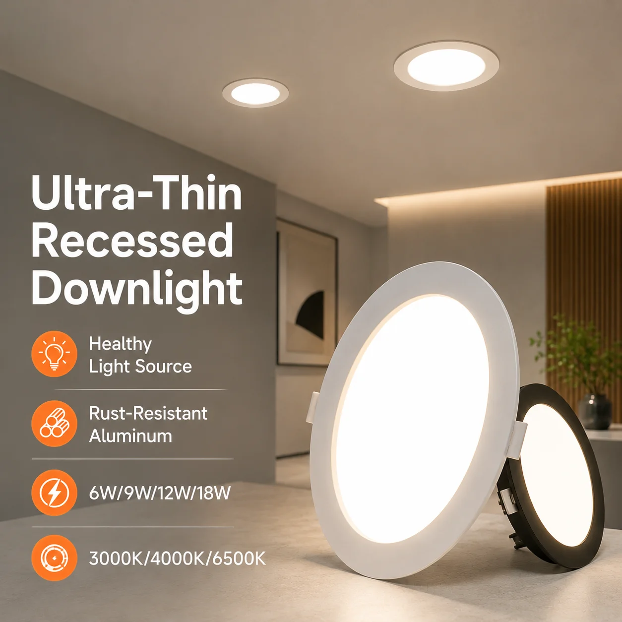 Ultra-Thin LED Recessed Downlight, 3000K 4000K 6500K Color Temperature, 220V Ceiling Spot Light for Living Room Corridor Hallway