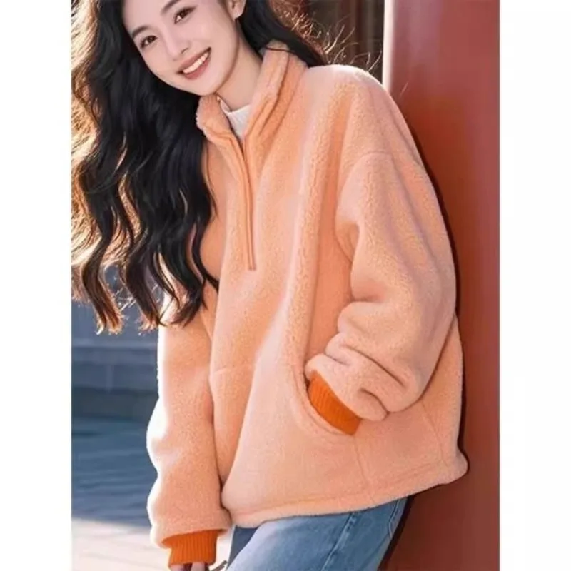 Orange Half Turtleneck Sherpa Sweatshirt Jacket for Women Autumn and Winter Solid Color Pullover Fashion Top