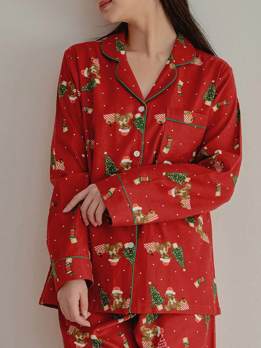 Women Christmas Pajama Set Tree Bear Print Long Sleeve Shirt with Pants Sleepwear Loungewear