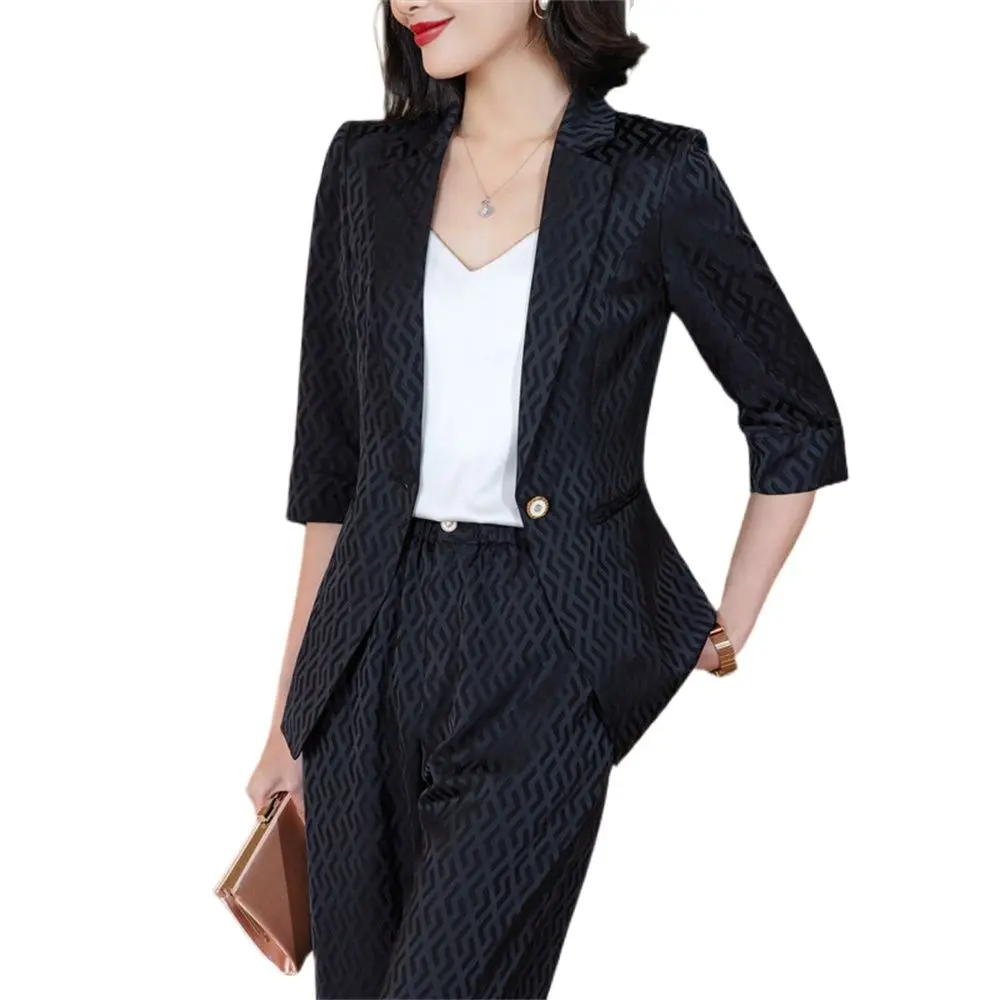 

Black Women Pants Suit New in 2023 Elegant Half Sleeve Blazer and Wide Leg Pants Office Lady Business Formal 2 Pieces Sets