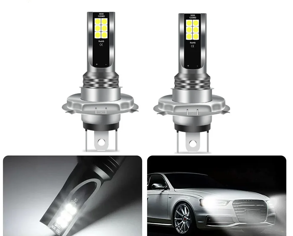 2pcs H4/H7 Led Headlight Bulb Kit Car Fog Light Bulbs High Low Beam 30000lm Super Bright 6500k White Led Lights for Vehicles New