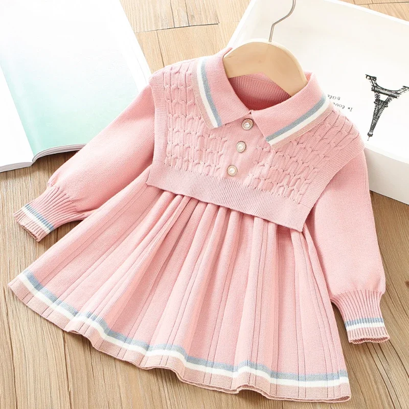 Girls Sweater Dress Autumn Winter Long Sleeve Dress+vest Kids Dresses for Girls Baby Girl Retro Knitted Princess Dress Vestidos