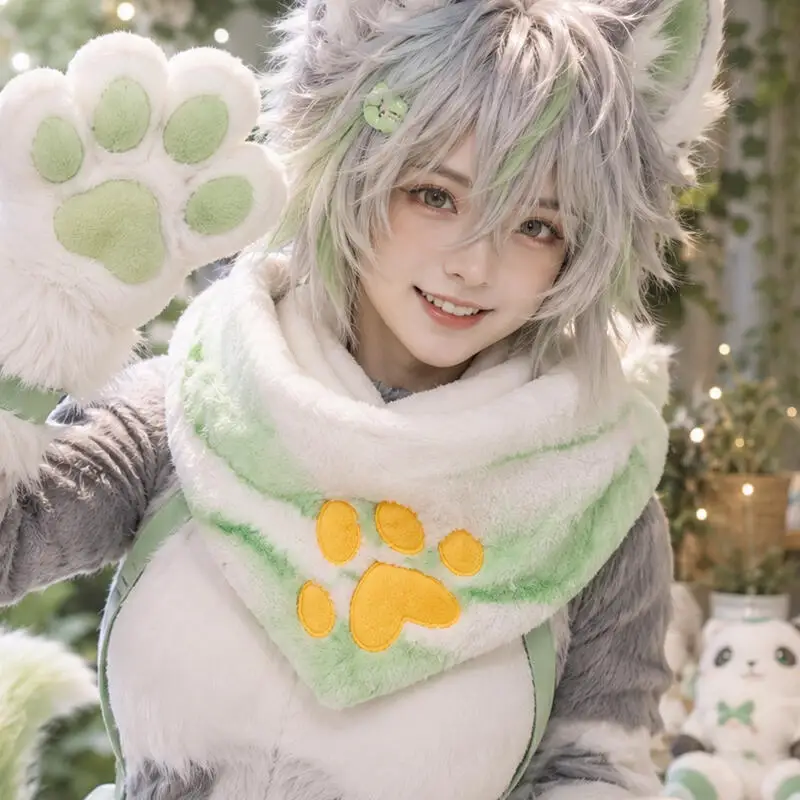 Soft Plush Fursuit Triangle Scarf with Paw Print Synthetic Fur Kemono Style Cosplay Neckwear for Furry Costumes Winter Warm Wear