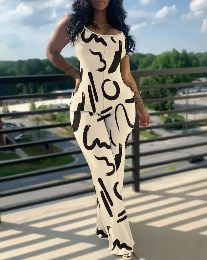 CPSYMYM 女性のジャンプスーツ夏タイダイプリント U ネックノースリーブカジュアルポケットデザインスキニーデイリーロングジャンプスーツ女性クロ
