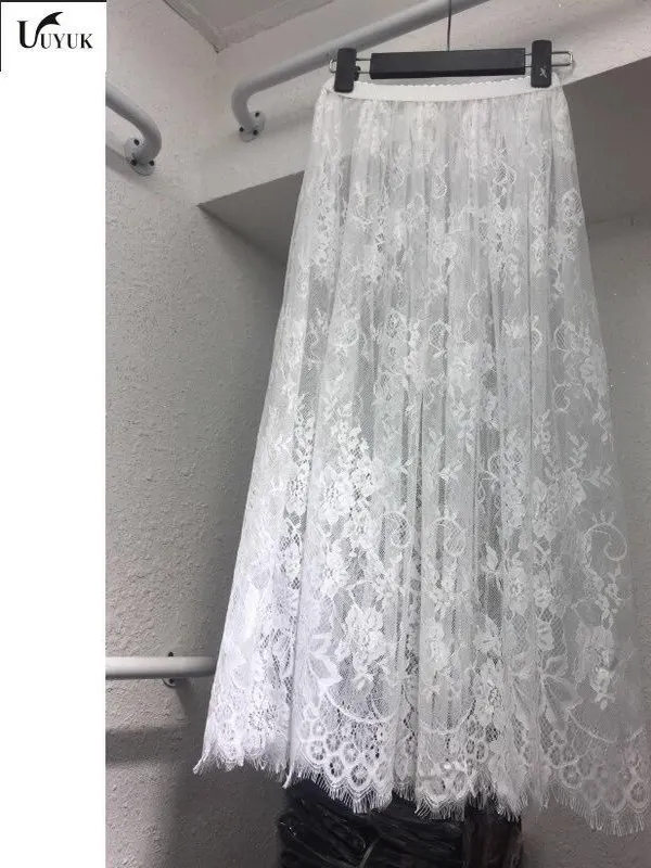 Long Lace Skirt Women's Base Layer Anti-Light Walking Skirt Qipao Matching Full A-Line Skirt Hollow out Polyester Fiber