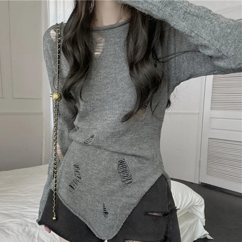 Pullovers Women Holes Side-slit Irregular Slim O-neck Pure Korean Style Cozy Fashion Casual New Chic Streetwear Simple All-match