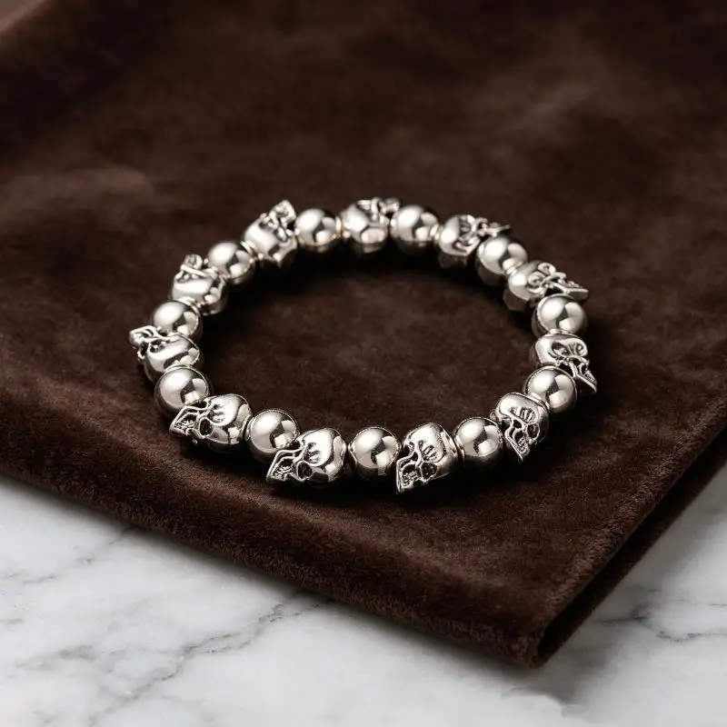 Vintage Punk Skull Bracelet Durable Metal Skeleton Bead Bangle Dark Aesthetic Jewelry for Men Women Daily Wear
