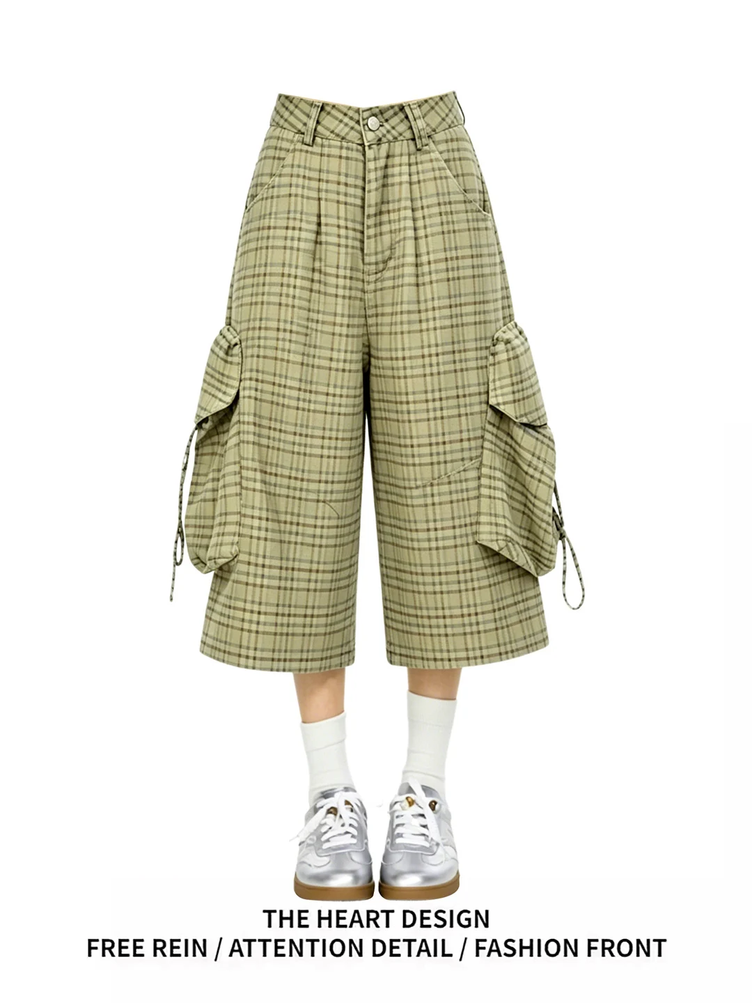 

American Retro Plaid Large Pocket Workwear Casual Shorts Women Summer Old Money Style Versatile Wide Leg Seven Pants