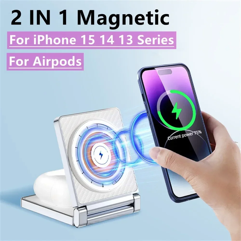 

2 IN 1 Portable Wireless Charger Pad For iPhone 15 14 13 12 11 Pro Max Strong Magnetic Charging Dock Station For Airpods Pro 2 3