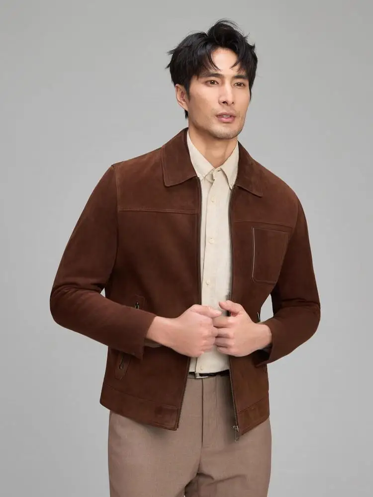 Italian Designer Men Business Work Slim Fit Real Suede Leather Jacket Zipper Vintage Real Suede Coat Luxury Autumn Winter Jacket