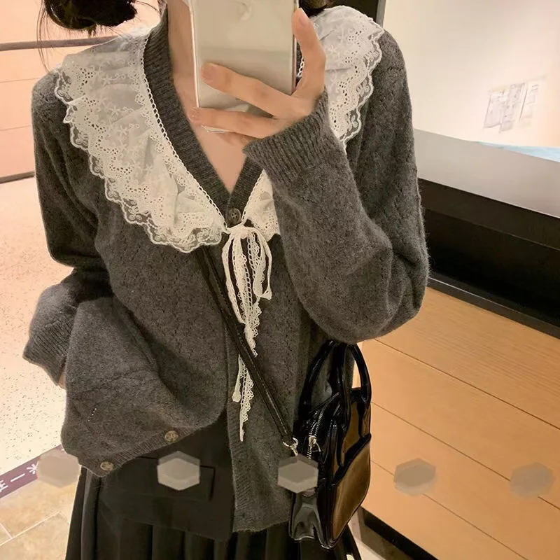 

Long Sleeve Top Knitted Cute Sweaters Women Elegant Cardidgans Button Front Tie Lace Kawaii Fall Clothes Knitwear Preppy Style