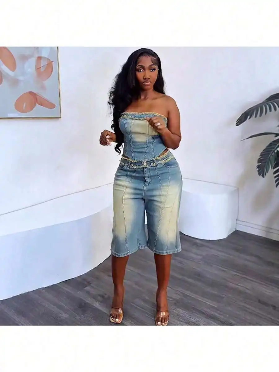 

Womens Denim Tube Top And High-Waisted Shorts Set Raw Edge Washed Gradient Blue