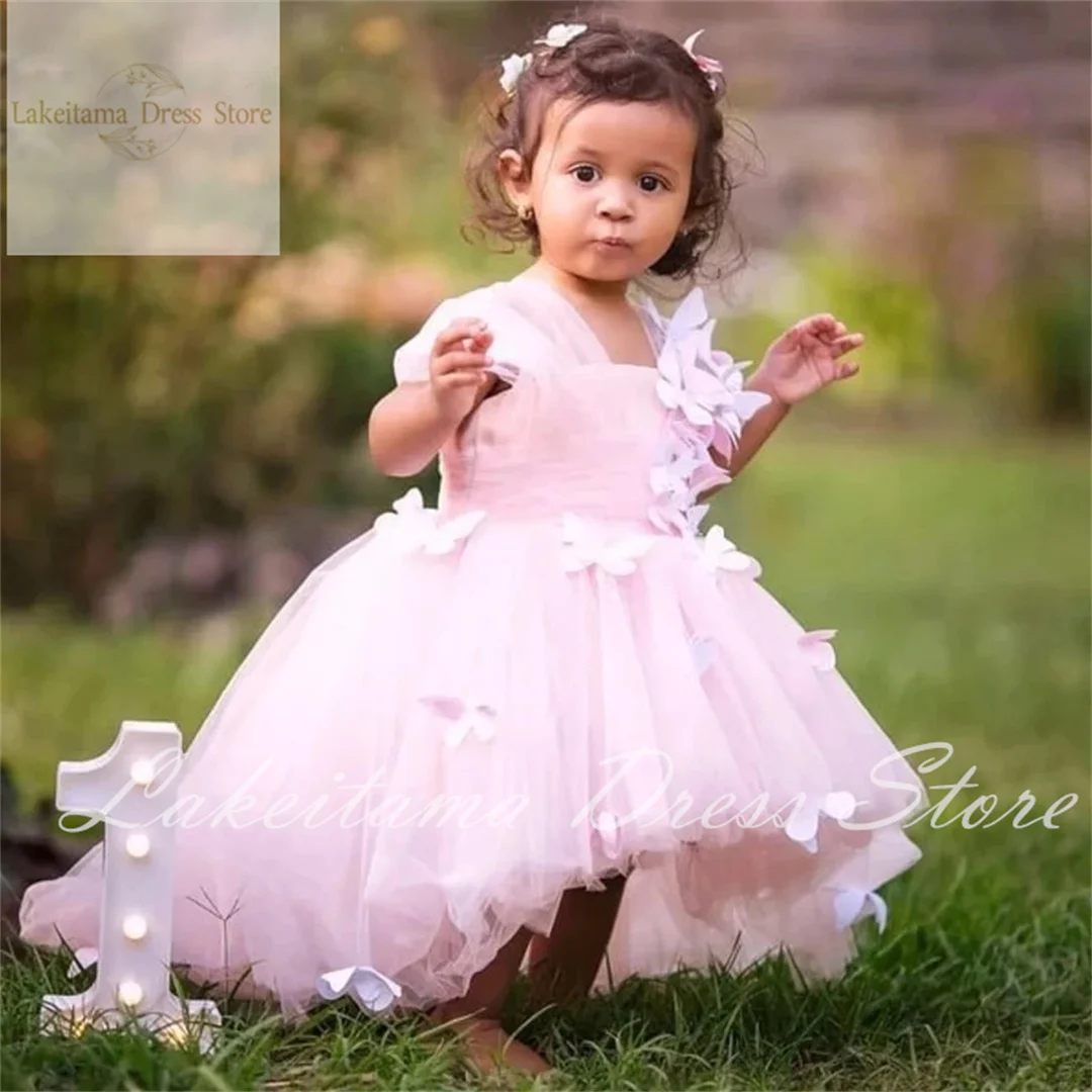 

Pink Flower Girl Dresses Tulle Puffy High-low Skirt With 3D Butterfly Sleeveless For Wedding Birthday First Communion Gowns