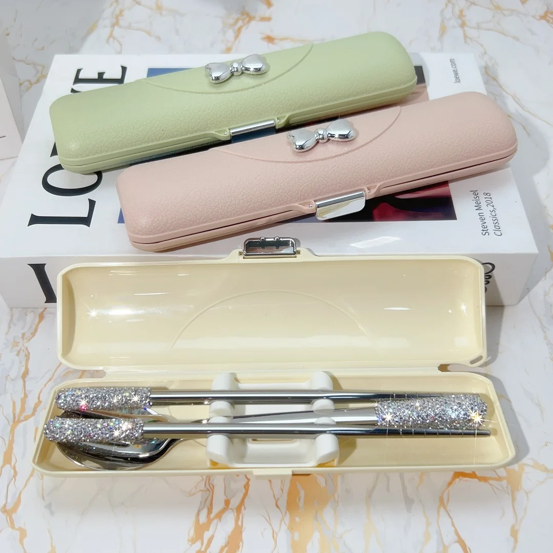 Bling Diamond 3 Pcs Stainless Steel Tableware Set Outdoor Travel Spoon Fork Chopsticks lunch Box Campus Camping Cutlery