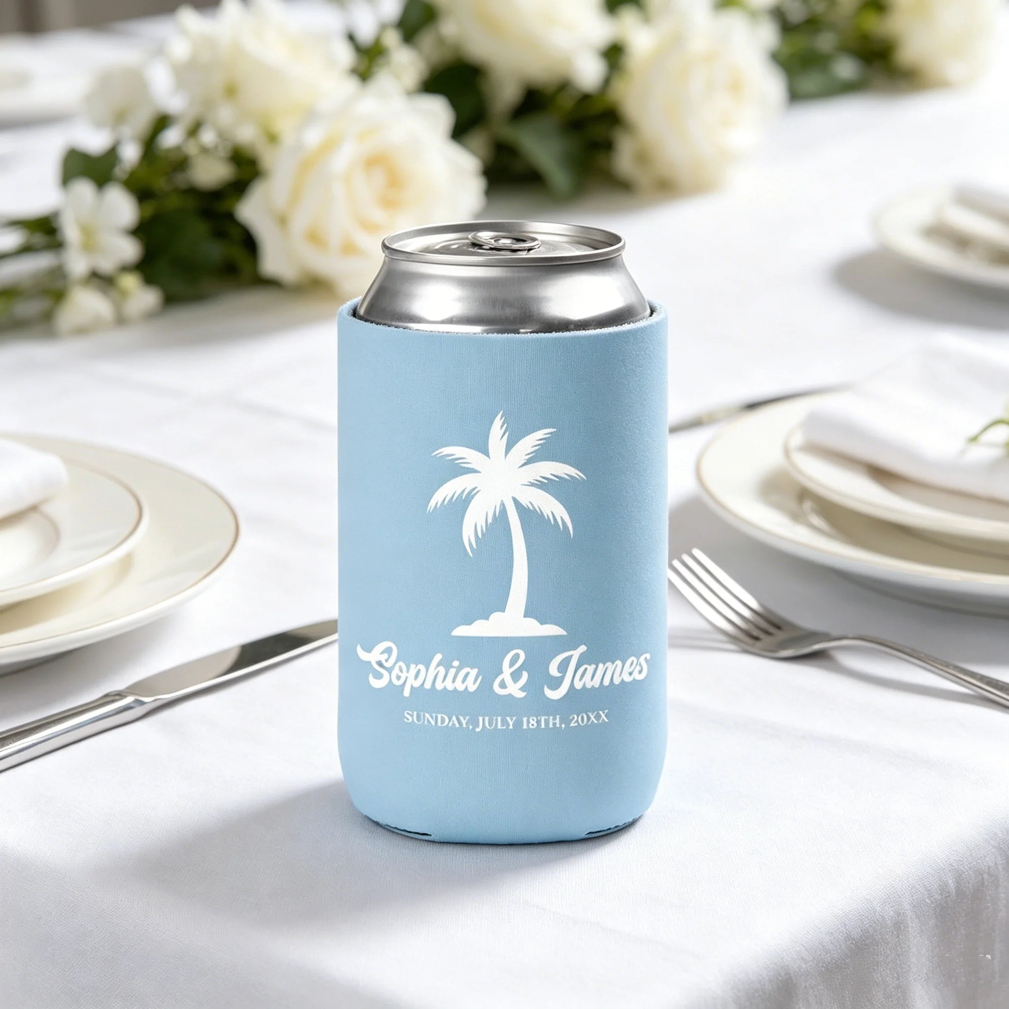 10/20/30 piezas Enfriadores de latas personalizados para bodas con diseño de Dedos de Arena y Besos Salados, para Bar de Recepción, Recuerdos, Hora del Cóctel, Palmera