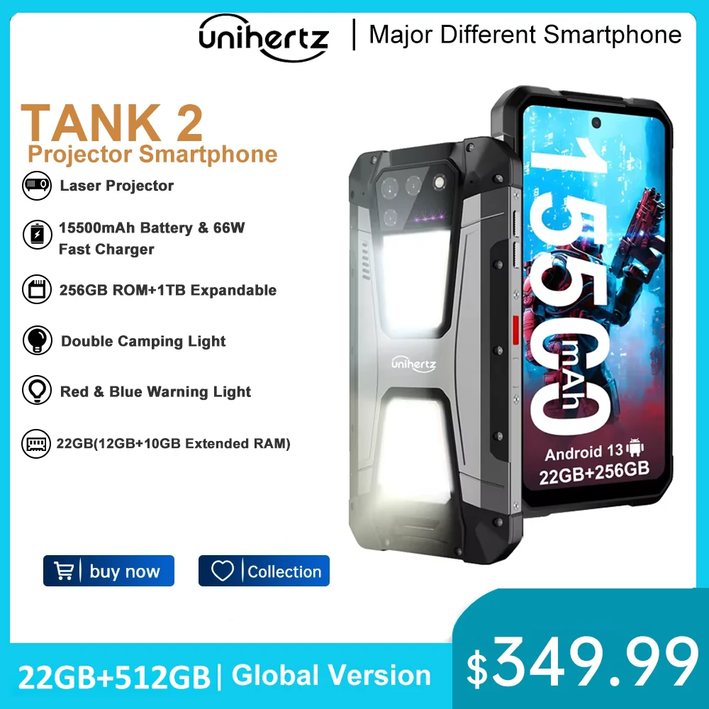 Unihertz 8849 tank 2 waterproof projector smartphone 24GB 512GB Rugged Cellphone 64MP Super night vision 15500mAh phone