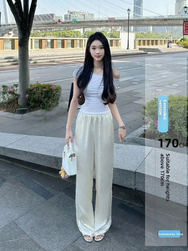 

Long Straight Leg Satin Pants Women's Summer Loose Casual Wide Leg Walking Pants Versatile Comfortable Korean Sle Trousers