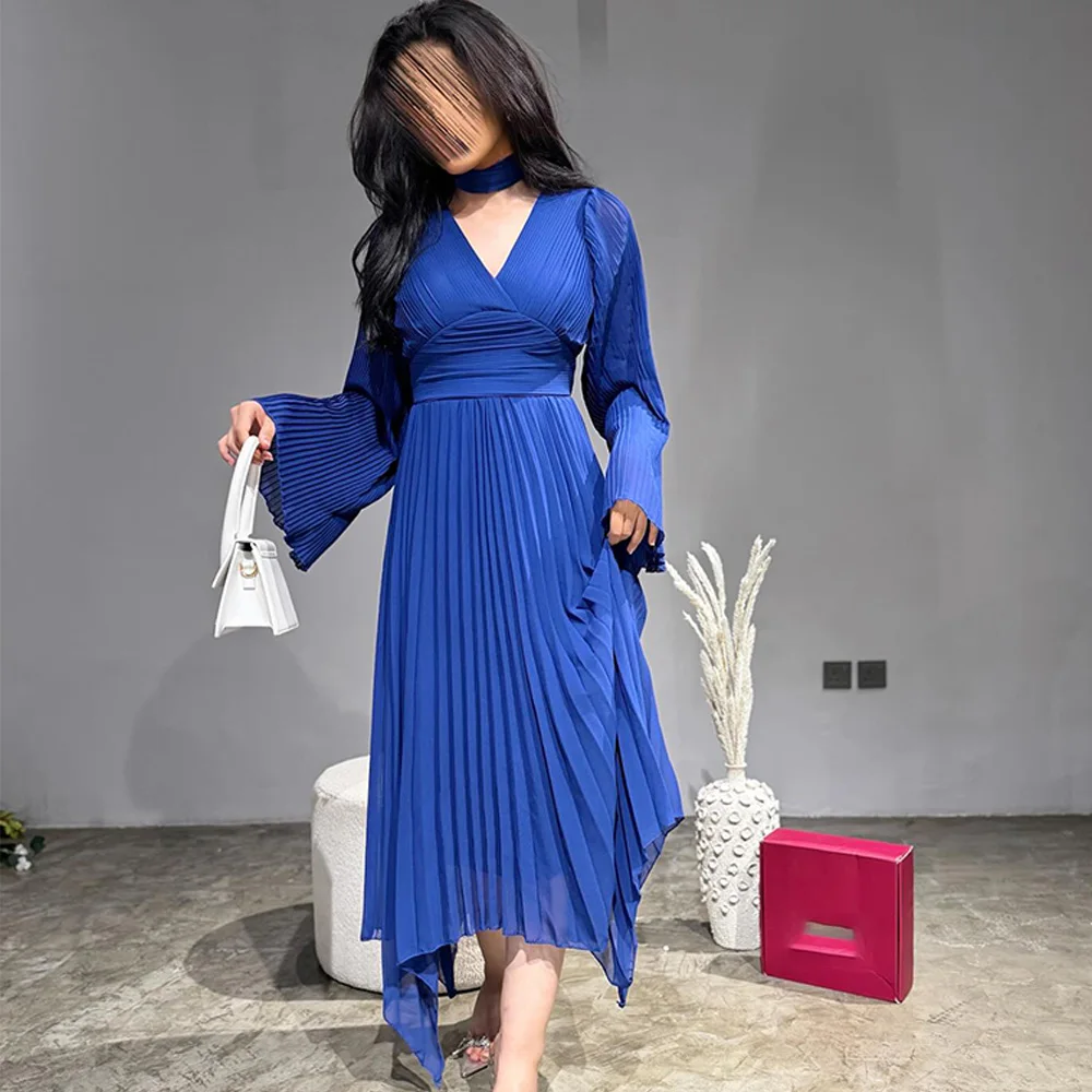 Long Sleeves Straight V-Neck Tea Length Solid Color Pleats Classic Celebrity Dress Elegant Dresses For Formal Occasions Simple