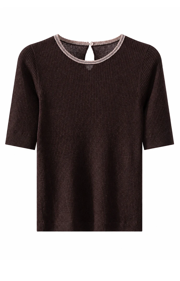 BY3621584 Damen-Pullover mit Rundhalsausschnitt aus Wollmischung, gerippt, kurze Ärmel, Kontrastkragen, Kettenverzierung, Schlüsselloch am Rücken, dezenter Luxus für den Herbst – Detail 14