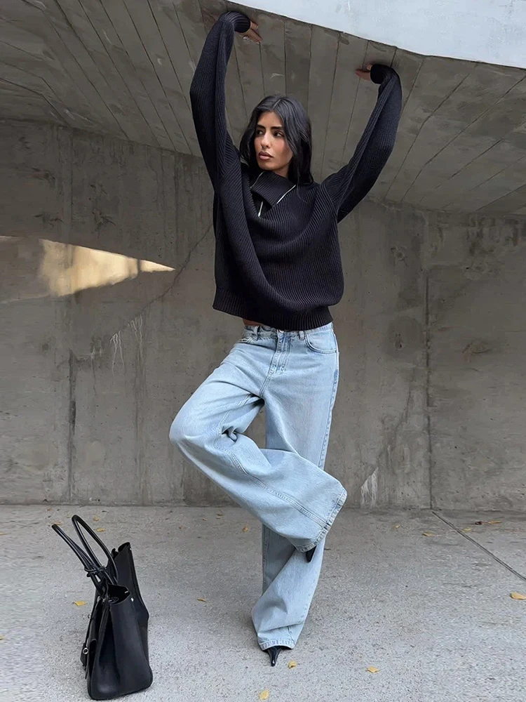 Whatiwear Unregelmäßiger Reißverschluss-Dekorations-Reverspullover für Damen, Herbsttrend, gehäkelt, volle Ärmel, täglich, lässig, Oversize-Stil, klassisches Oberteil