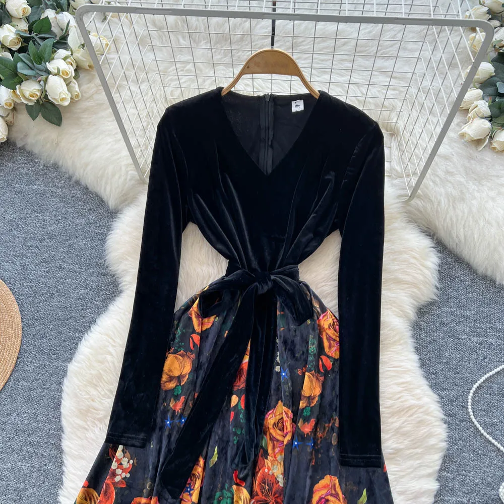 Sukienki patchworkowe damskie, sukienka z rozkloszowanym dołem, wzór w kwiaty, szarfy, linia A, długi rękaw, dekolt pół-V, długość do kostek, zamek błyskawiczny, luźna, elegancka, jesień 2025