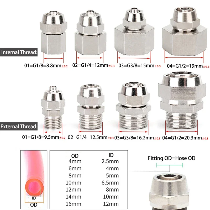 Nickel-plated copper internal thread external thread 1/8” 1/4” 3/8” 1/2” inch thread (PT) trachea quick connector 4 6 8 10 12 mm