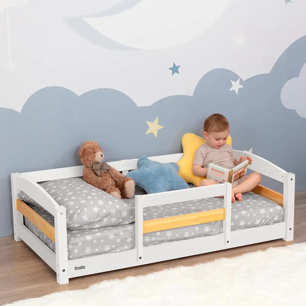 

Toddler Bed with Rails | Low Montori loor Bed e or Kids | Stand Crib Size Wooden e or Independent Toddlers 1-3 - White