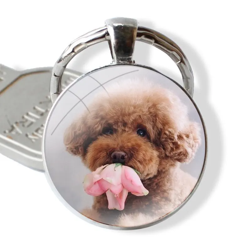 Keychain Handmade Glass Cabochon Key Ring Holder Pendant Key Chains Poodle dog Fashion Design Creative Cartoon