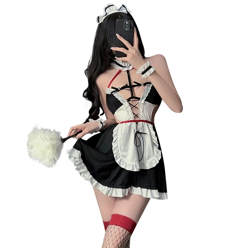 Sexy Lace Maid Bodysuit Uniform Cosplay Costume Women Underwear Hollow Bunny Girl Plush Tail Role Play Lingerie Anime Lolita