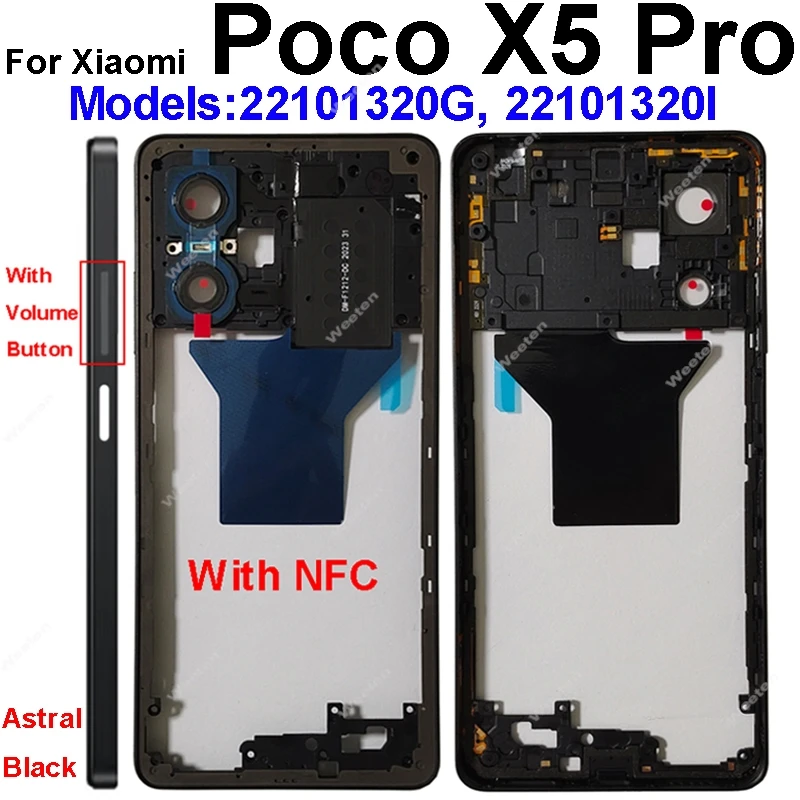 Middle Housing For Xiaomi Poco X5 Poco X5 Pro With NFC Back Cover Housing Front Frame Chassis with Volume Buttons Repair Parts