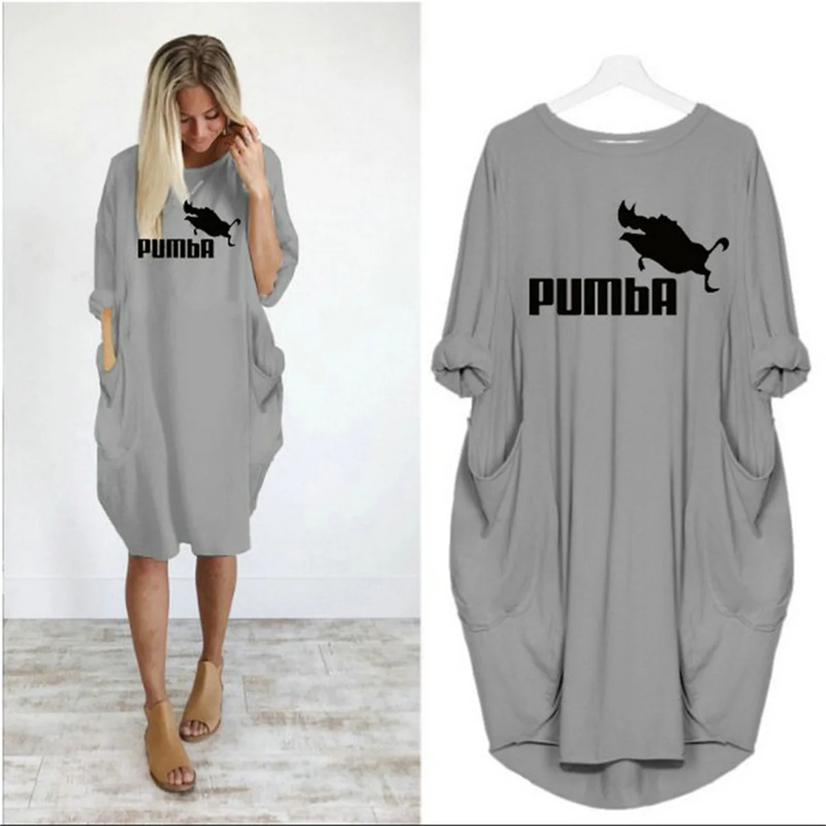 فستان نسائي فضفاض بطبعة حروف بومبا ورقبة دائرية وأكمام طويلة وجيوب صيفية مريحة كاجوال مقاس كبير