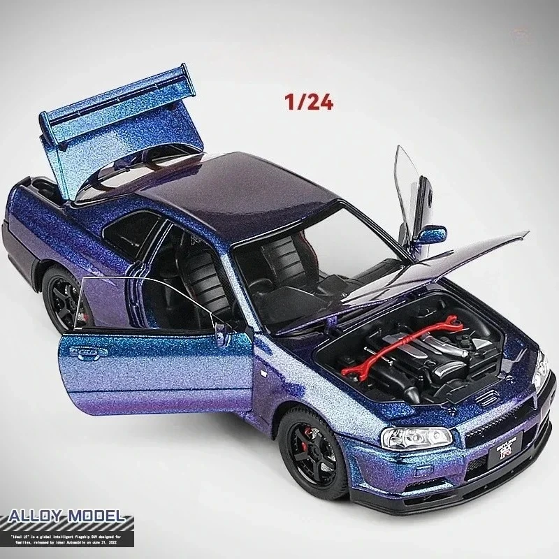 

Масштабная модель автомобиля 1:24 Skyline R34 из фильма «Форсаж» со звуком и светом, коллекционная миниатюрная литая машинка для мальчиков