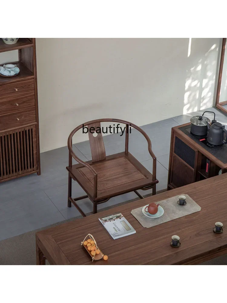 

S New Chinese Style Solid Wood round-Backed Armchair Master Black Walnut Wooden Furniture Tea Room Master Tea Making Chair Zen
