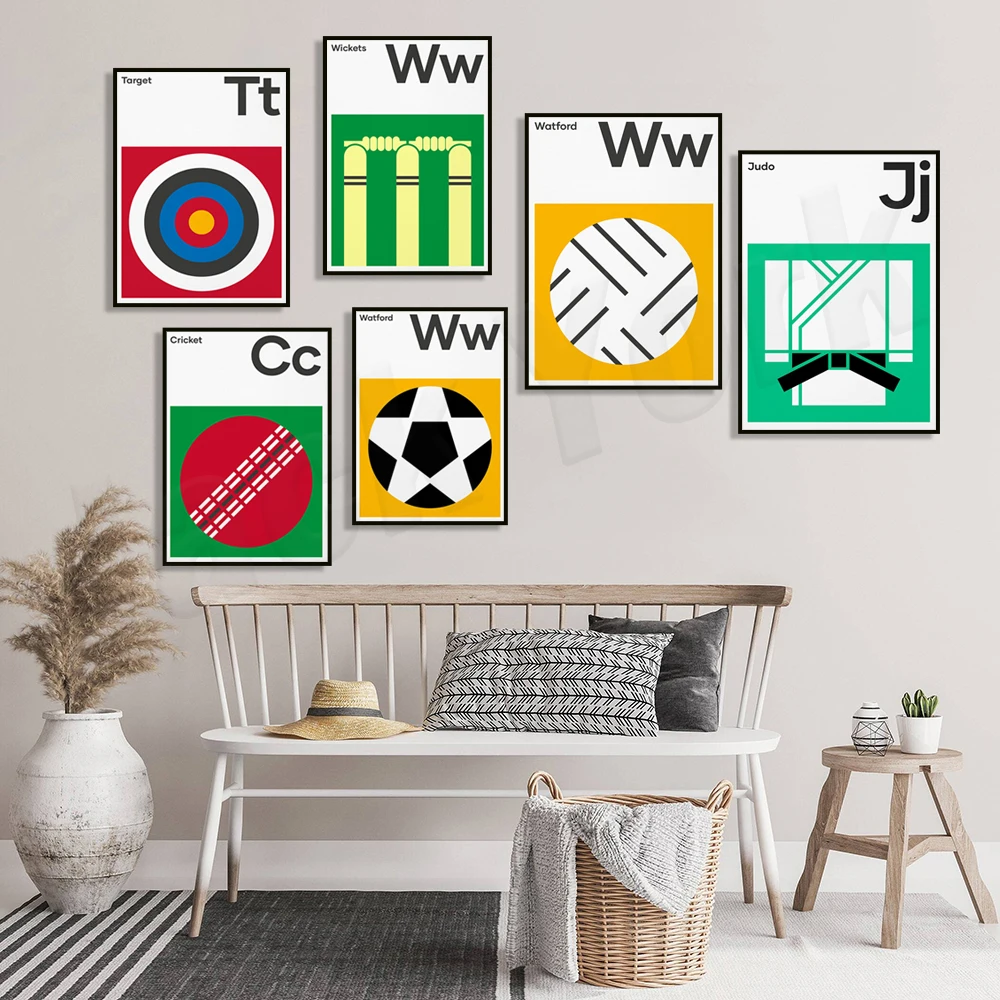 Judo, badminton, archery targets, cricket wickets, tennis nets, football posters, graphic and bold art, gifts for sports lovers