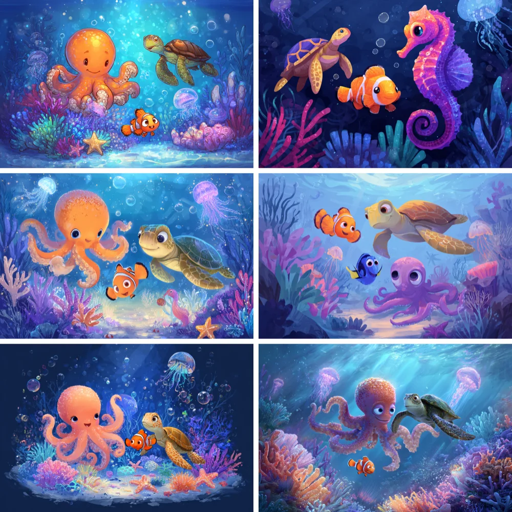 

Blue Underwater World Photography Background Turtle Fish Ocean Photo Background Photocall Photobooth Photo Wall Birthday