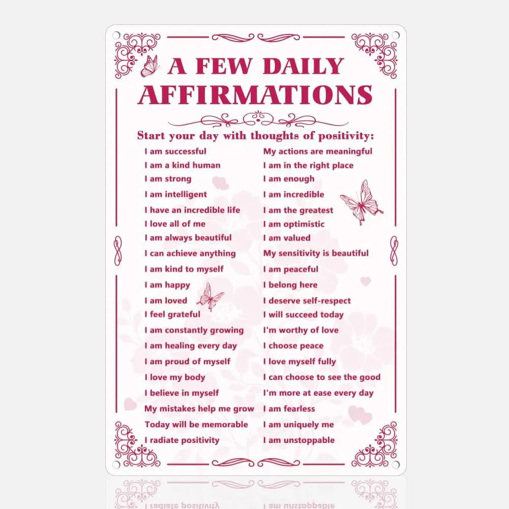 Pancarte murale décorative en métal rose avec quelques affirmations quotidiennes ; Affiche artistique vintage motivante pour la maison et la chambre C