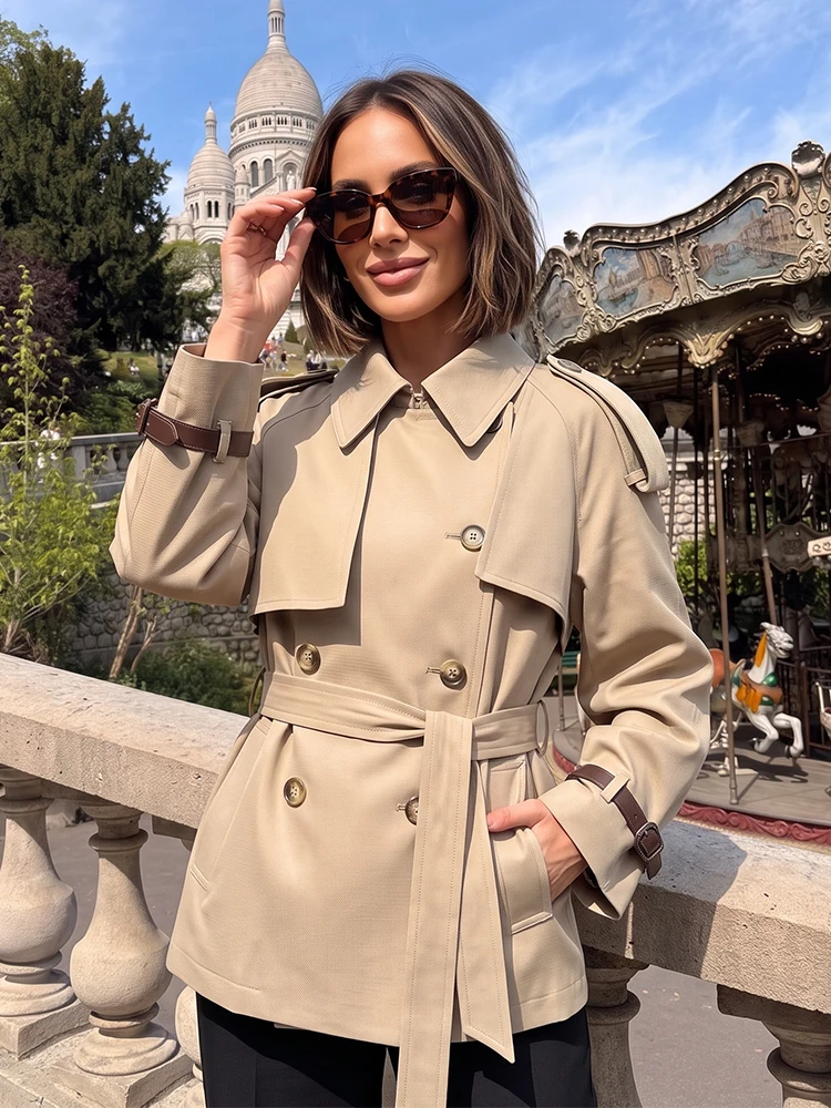 HH Spring Fall Short Trench Jacket Double Breasted Belted Waist Epaulets Cuff Buckle Detail Vintage Travel Office Outerwear