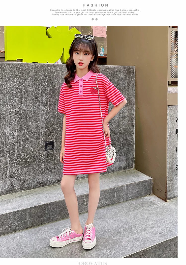 Elegantes gestreiftes Kinderkleid mit Erdbeer-Motiv für Mädchen, neues Design, kurzärmeliges Polokleid, lässige Baumwoll-Sommerkleidung für Kinder – Detail 11