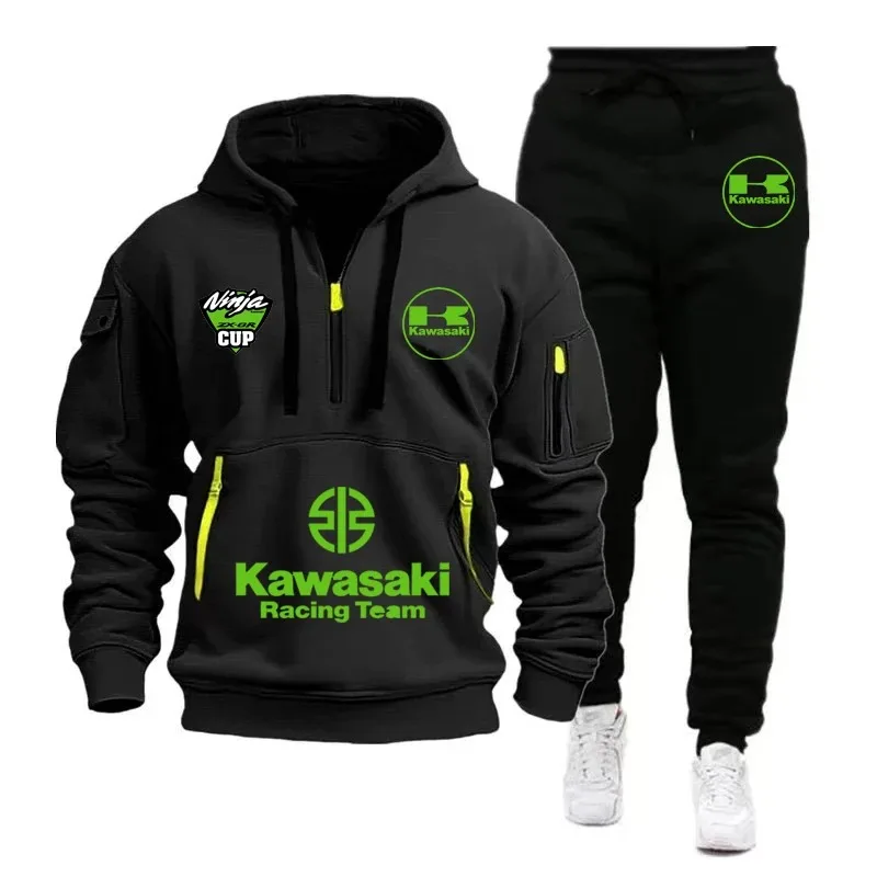 

Kawasaki Men's Half Zipper Outdoor Extreme Sports Enthusiast Kawasaki Motorcycle Spring and Autumn Leisure Set Hoodie and Pants