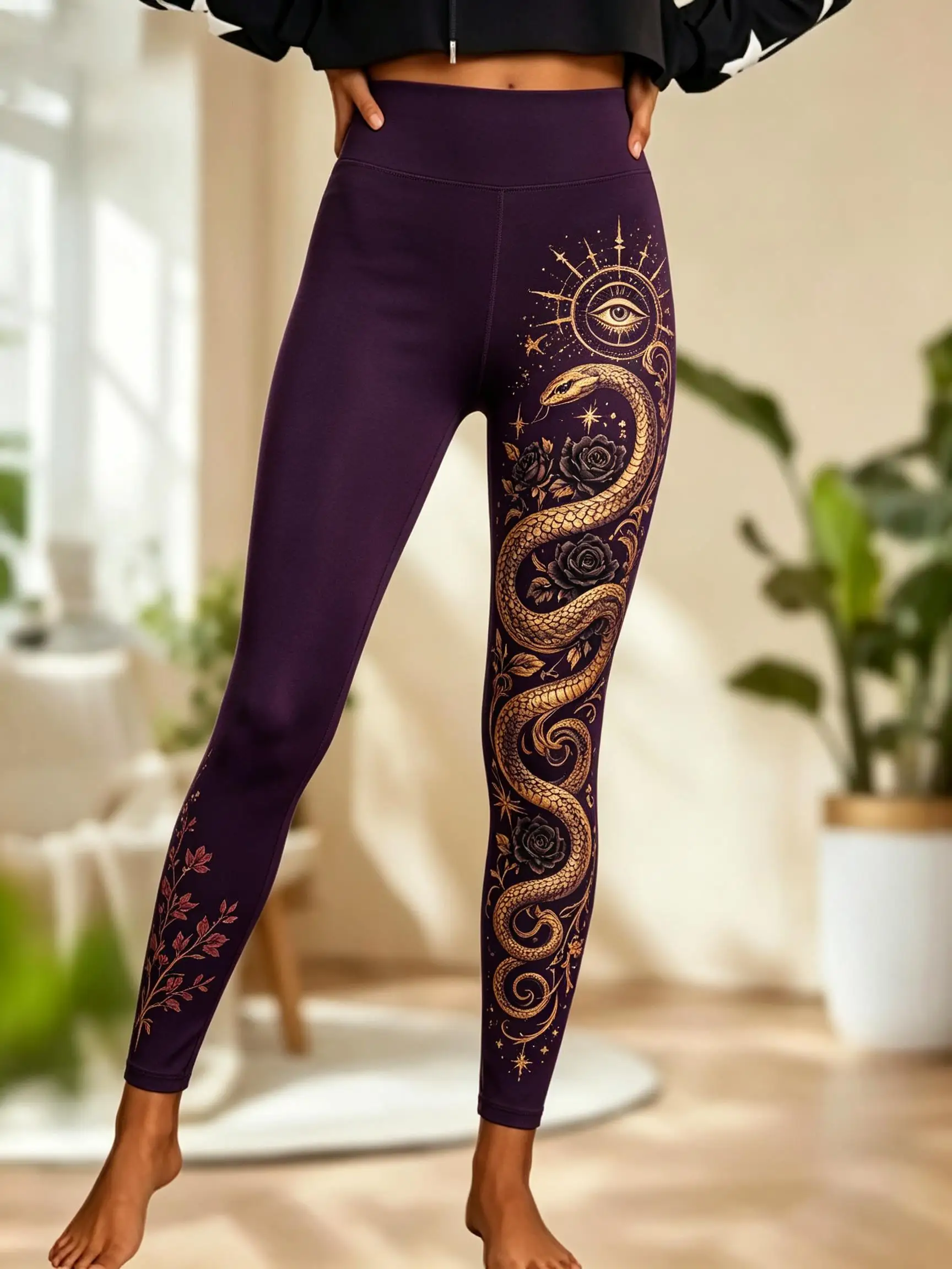 Women Fleece‑lined Mid‑rise Leggings Dark Purple Mystic Golden Serpent Evil‑Eye Sun Rose Occult Side Print Slim Stretch Pants