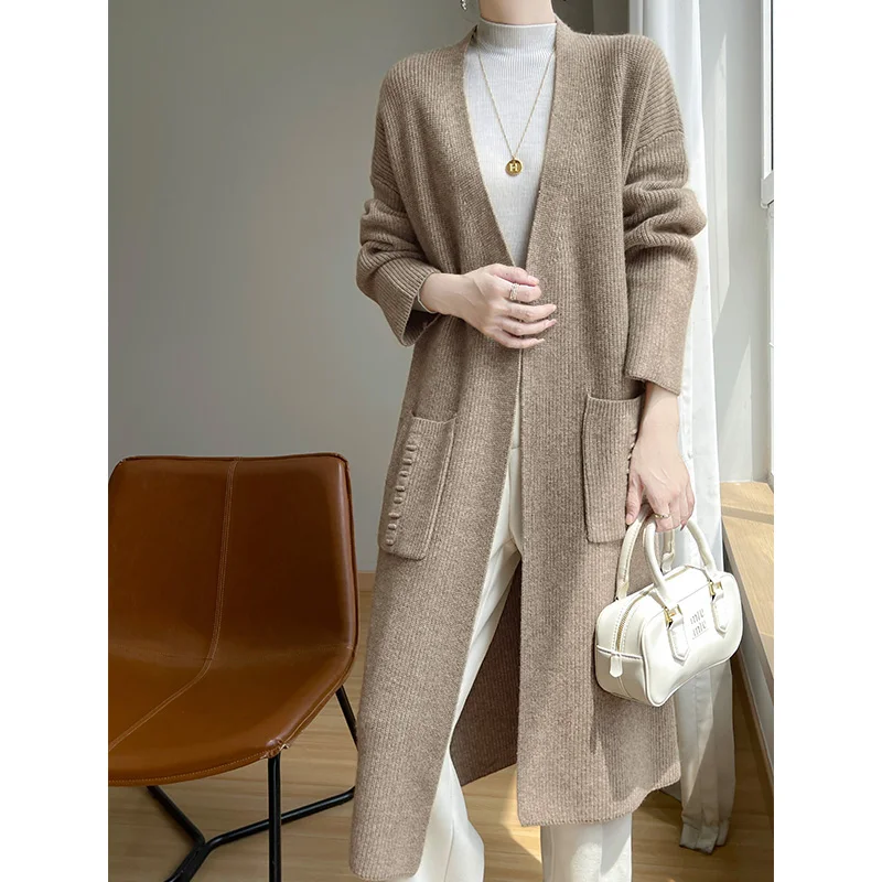 100%Australian Wool Long Cardigan Women\'s Autumn Winter High-Quality Long Sleeved Fashionable Loose Solid Color Knitted Long Top