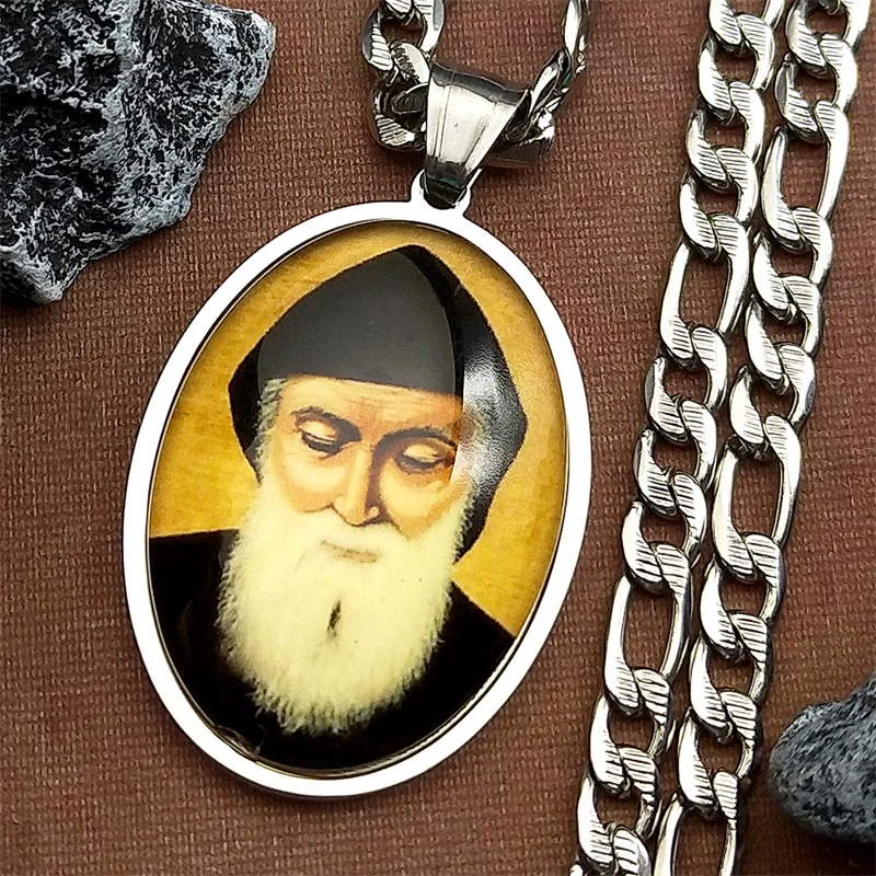 Collar con colgante de medalla de cristal de San Charbel de Iglesia Ortodoxa para mujeres y hombres, joyería de protección de amuleto de Color dorado de acero inoxidable